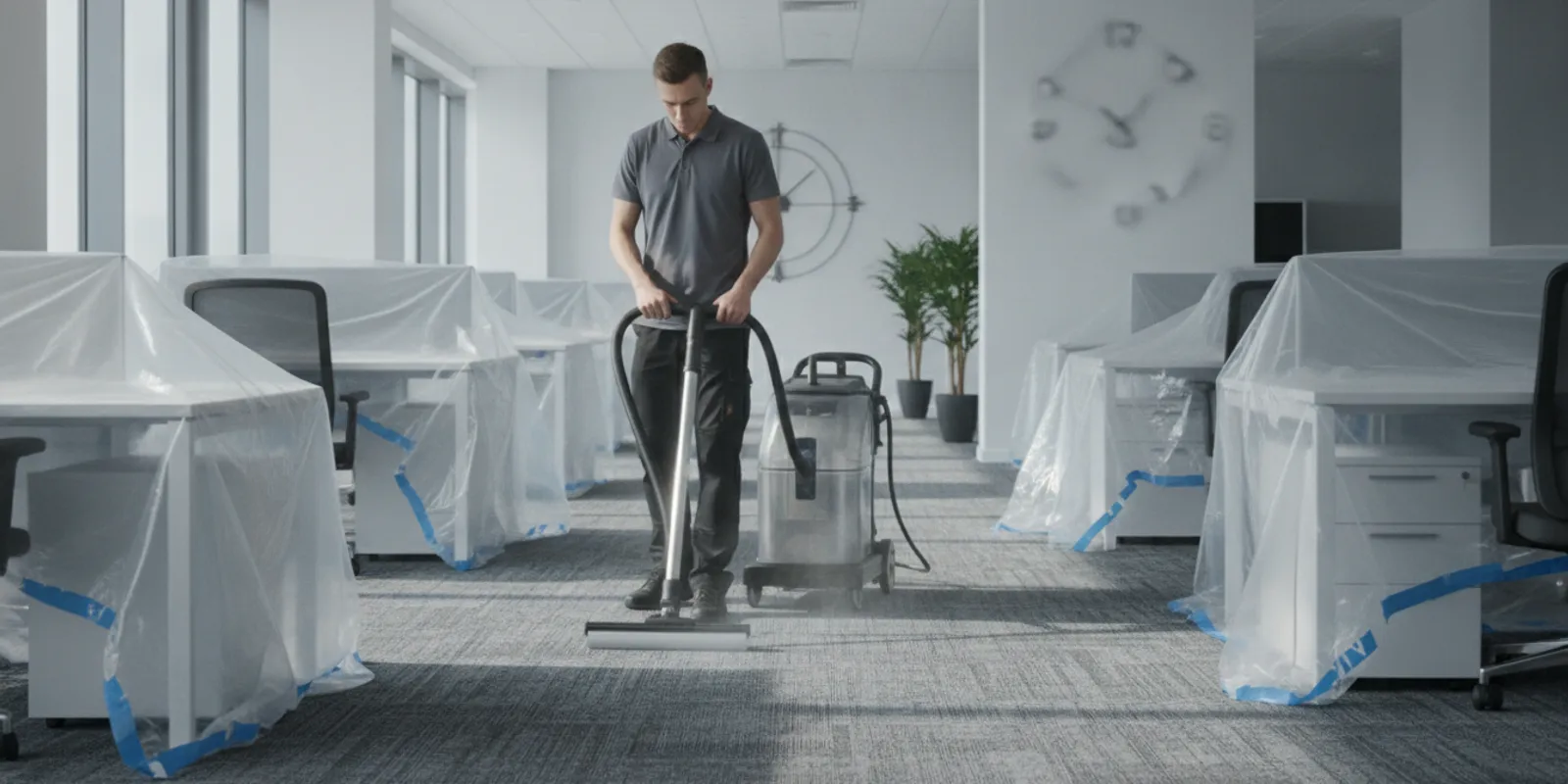 Commercial carpet cleaning technician treating carpet in a modern office