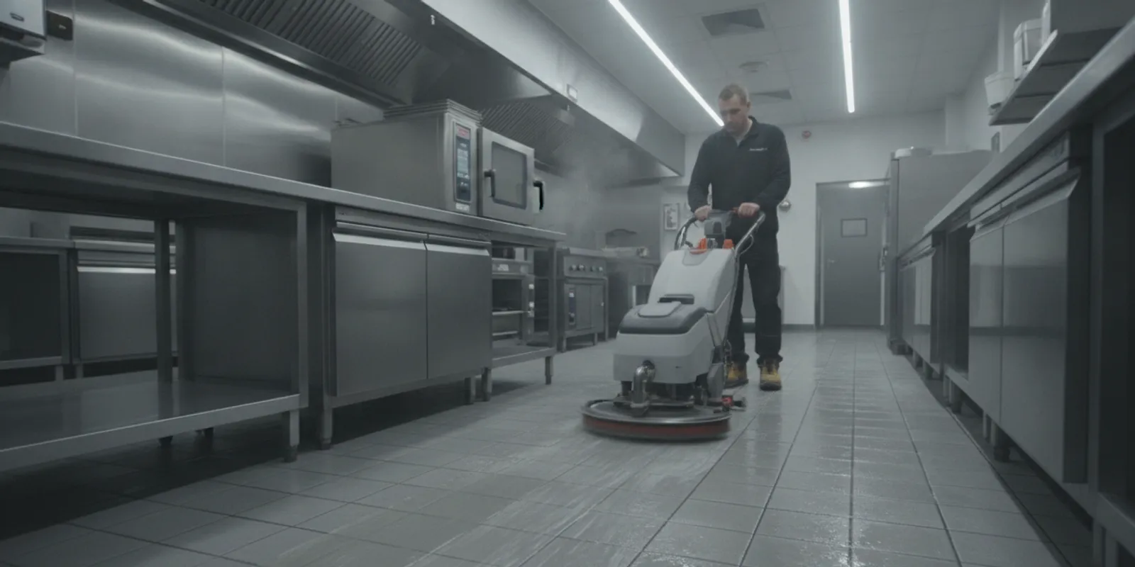 restaurant-kitchen-floor-cleaning-cost-what-affects-pricing-289323 Commercial kitchen floor being professionally scrubbed after service