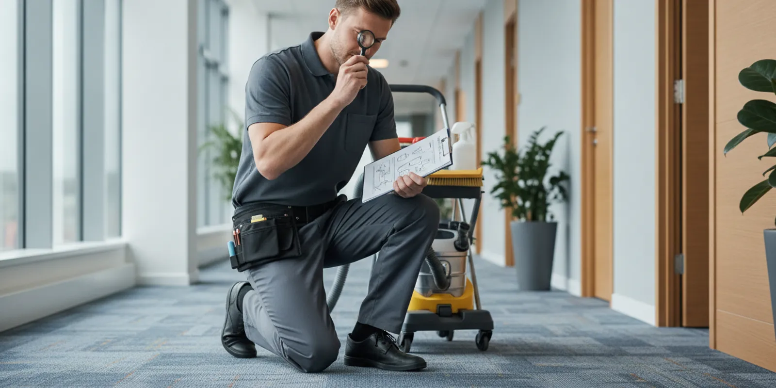 what-should-a-commercial-carpet-cleaning-scope-and-checklist-cover-782282 Commercial carpet technician inspecting a carpeted office corridor before scheduled maintenance