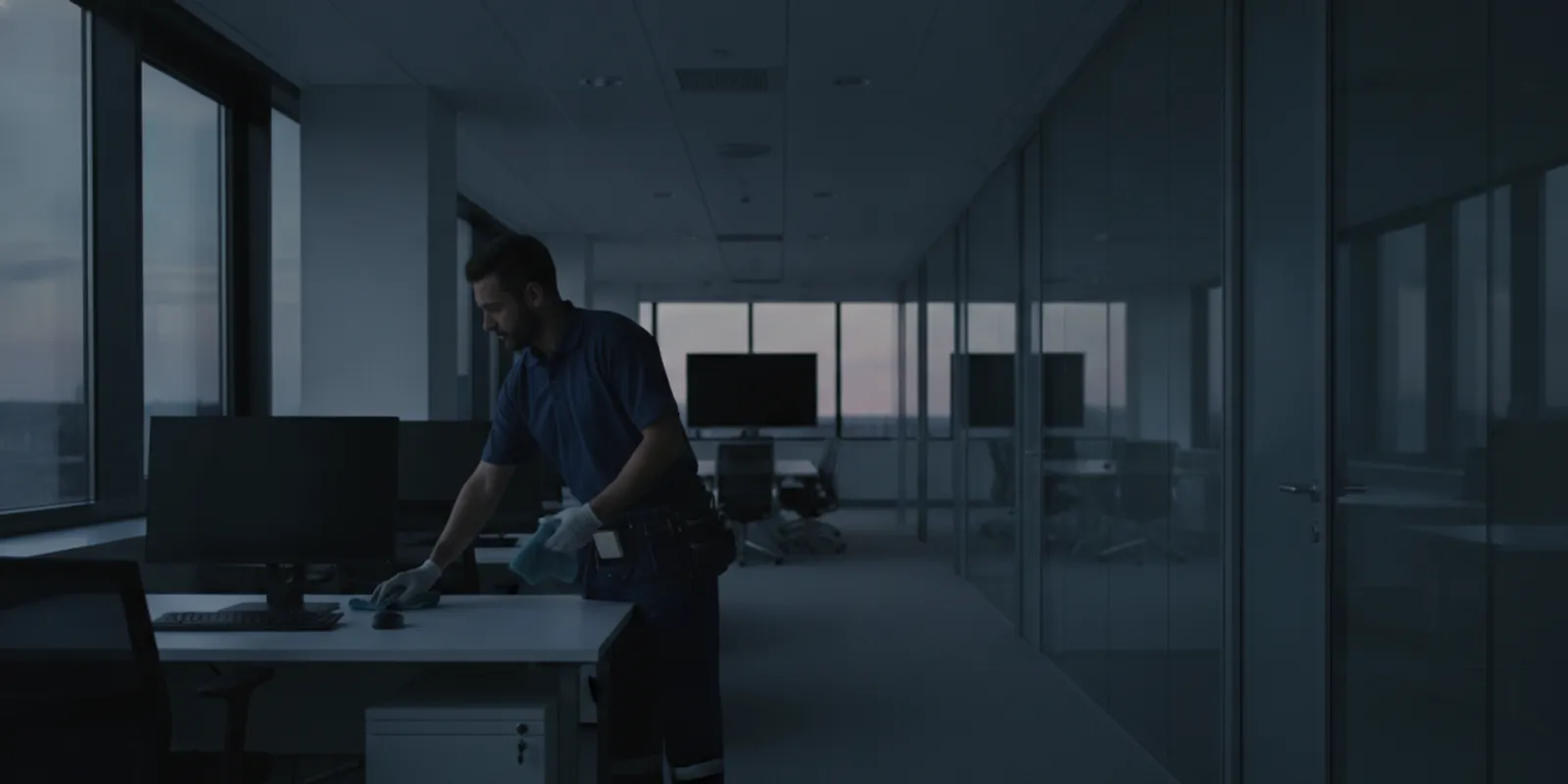 what-should-a-nightly-office-cleaning-program-include-282701 A commercial office being cleaned after hours, with a janitorial professional maintaining a tidy workspace.