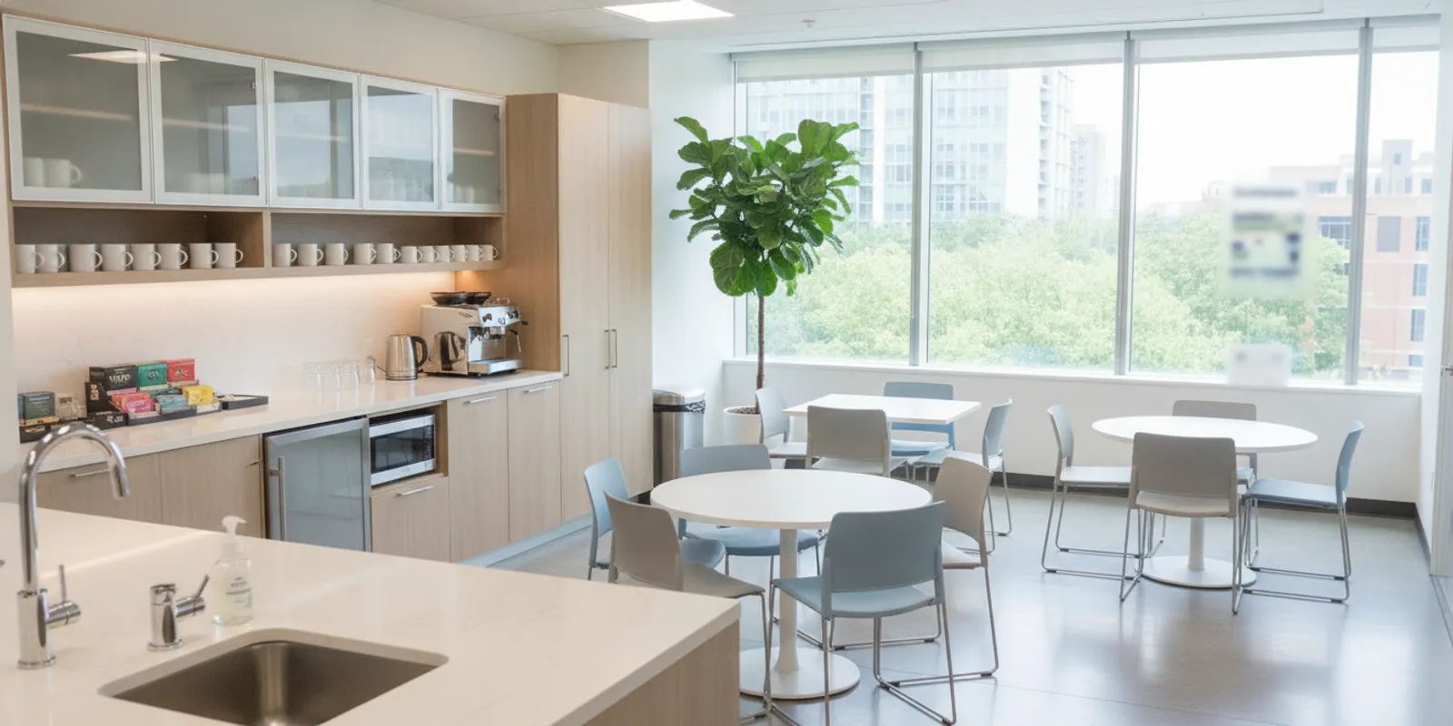 what-should-an-office-breakroom-cleaning-plan-include–breakroom-cleaning-for-offices-603255 A tidy office breakroom with a clean counter, sink, table, and neatly arranged seating